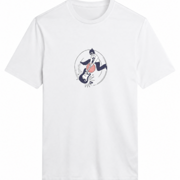 White Crewneck Graphic T-Shirt with Guitar Player Print