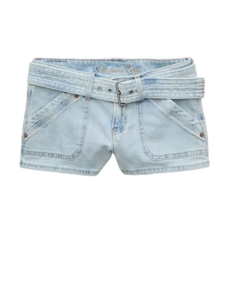 Light-Wash Blue Denim Shorts with Self-Tie Belt and Patch Pockets