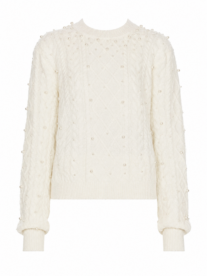 Off-White Pearl-Embellished Cable Knit Sweater