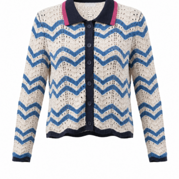 Cream Blue Chevron Knit Cardigan with Navy Trim
