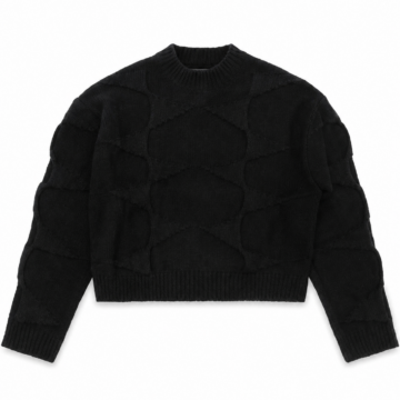 Black Cable-Knit Cropped Sweater with Mock Neck