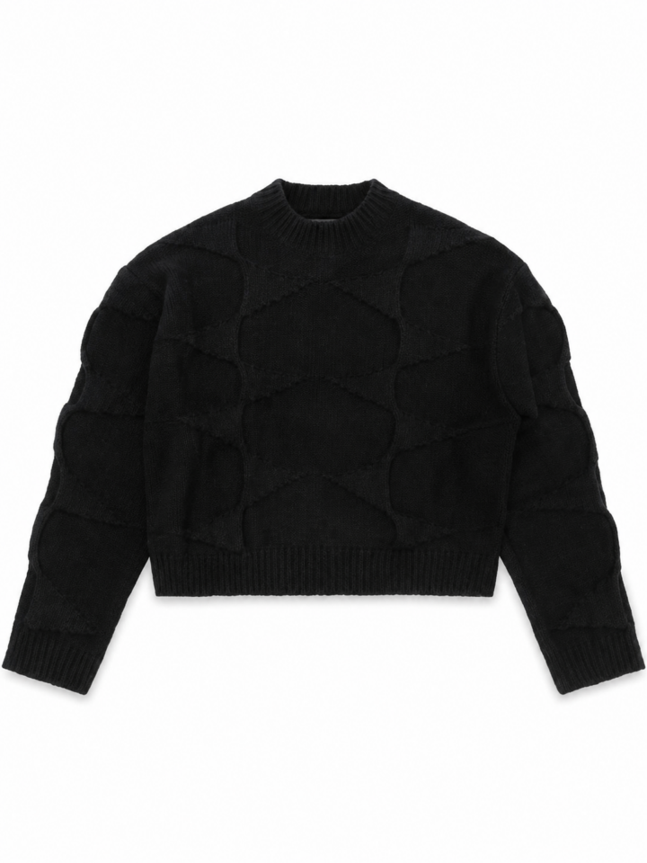 Black Cable-Knit Cropped Sweater with Mock Neck