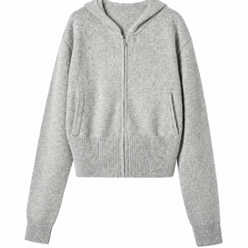 Light Heather Grey Zip-Up Knit Hoodie with Embellishments