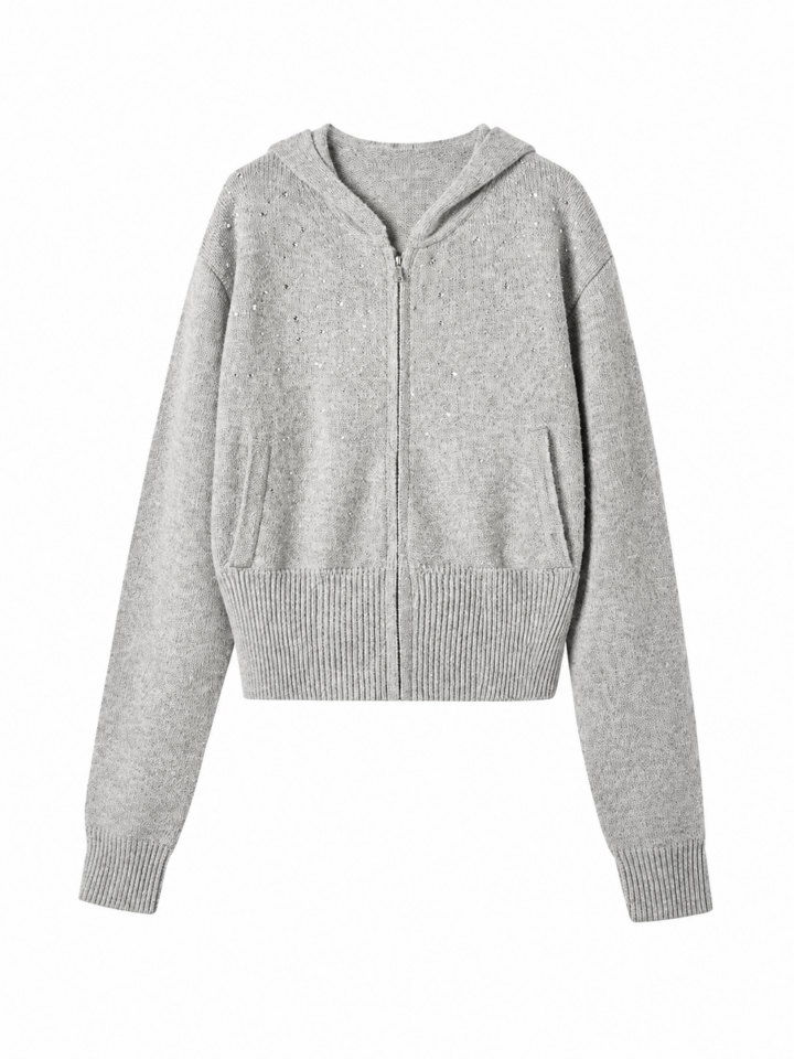 Light Heather Grey Zip-Up Knit Hoodie with Embellishments