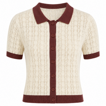 Cream Chevron Pointelle Knit Polo Shirt