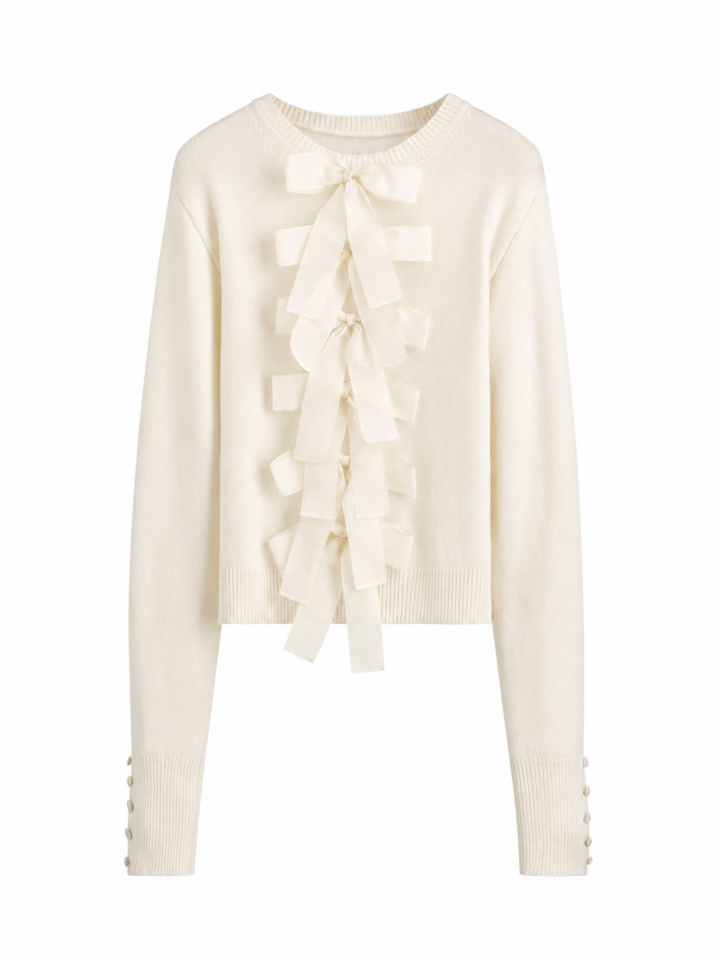 Cream Bow Embellished Crewneck Sweater