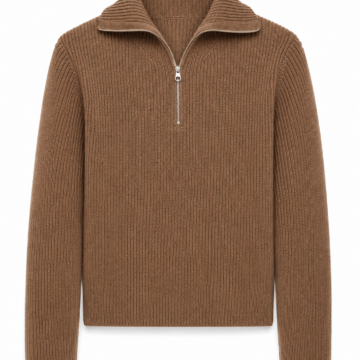 Brown Ribbed Quarter-Zip Sweater with Collar