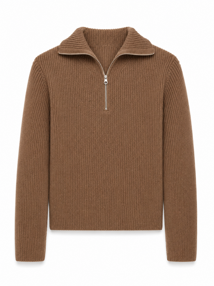 Brown Ribbed Quarter-Zip Sweater with Collar