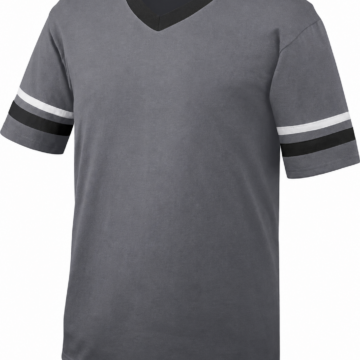Grey V-Neck T-Shirt with Black Collar and Striped Sleeves