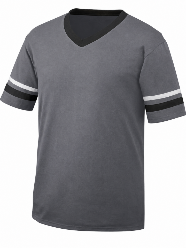 Grey V-Neck T-Shirt with Black Collar and Striped Sleeves