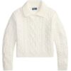 White Cable-Knit Polo Collar Cropped Sweater