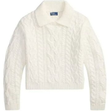 White Cable-Knit Polo Collar Cropped Sweater