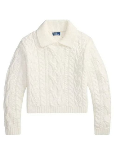 White Cable-Knit Polo Collar Cropped Sweater