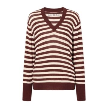 Burgundy and Cream Striped V-Neck Sweater with Dropped Shoulders