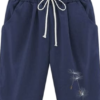 Navy Blue Pull-On Shorts with Drawstring and Dandelion Embroidery