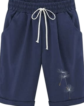 Navy Blue Pull-On Shorts with Drawstring and Dandelion Embroidery