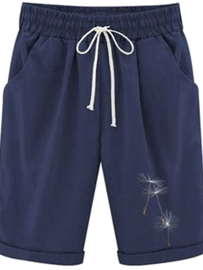 Navy Blue Pull-On Shorts with Drawstring and Dandelion Embroidery